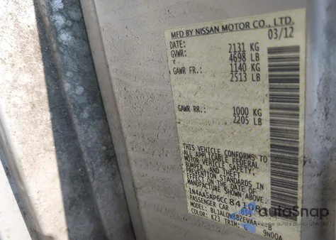 2012 Nissan Maxima 3.5 S z USA, uszkodzony, nr VIN 1N4AA5AP6CC841081